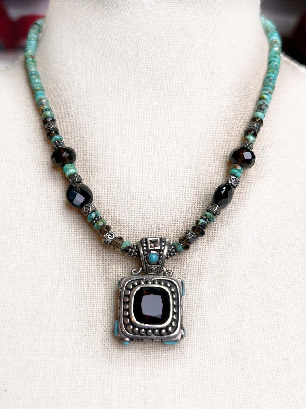 Vintage BARSE Sterling Silver Turquoise, Black Onyx Pendant Necklace 925 Western